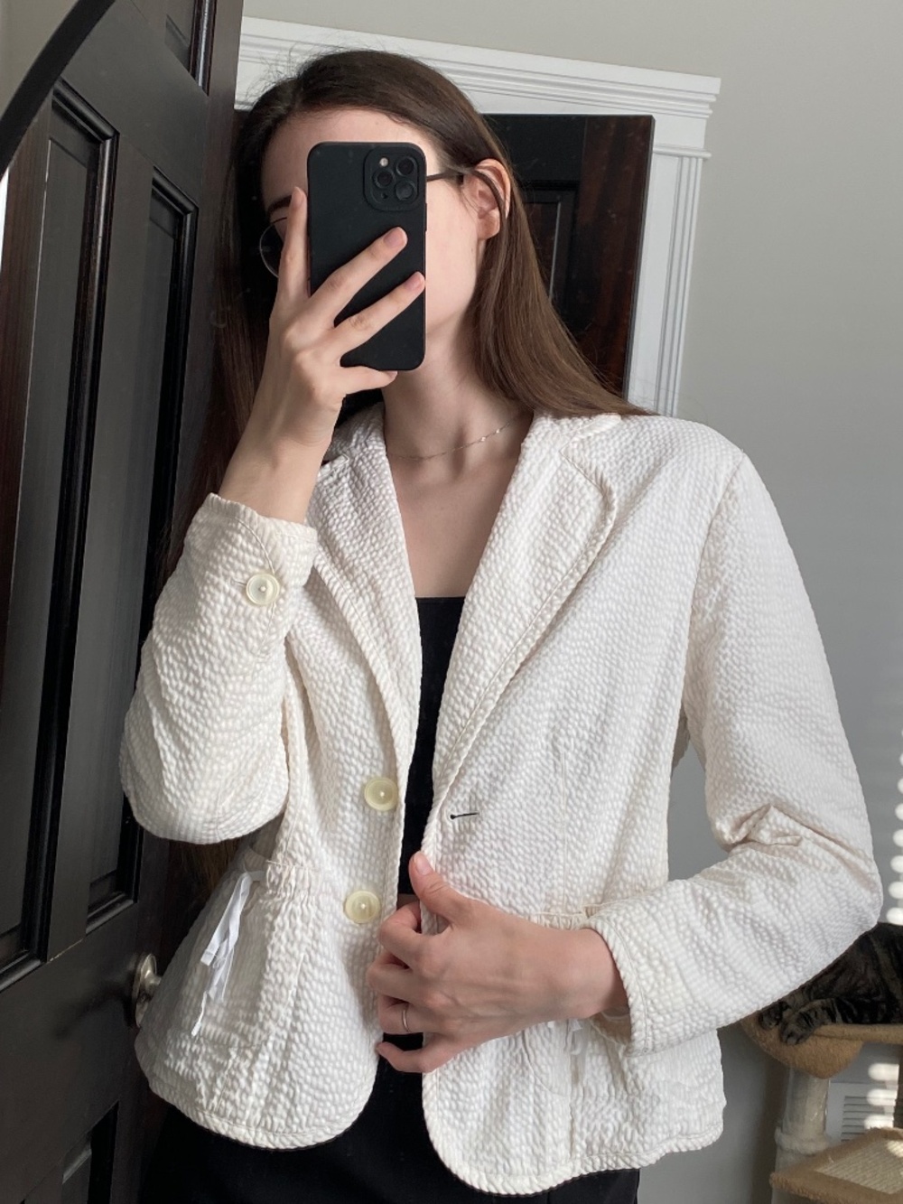 Style Land Women’s Ivory Textured Cotton Blazer Jacket Size 10 Lined 2 Button